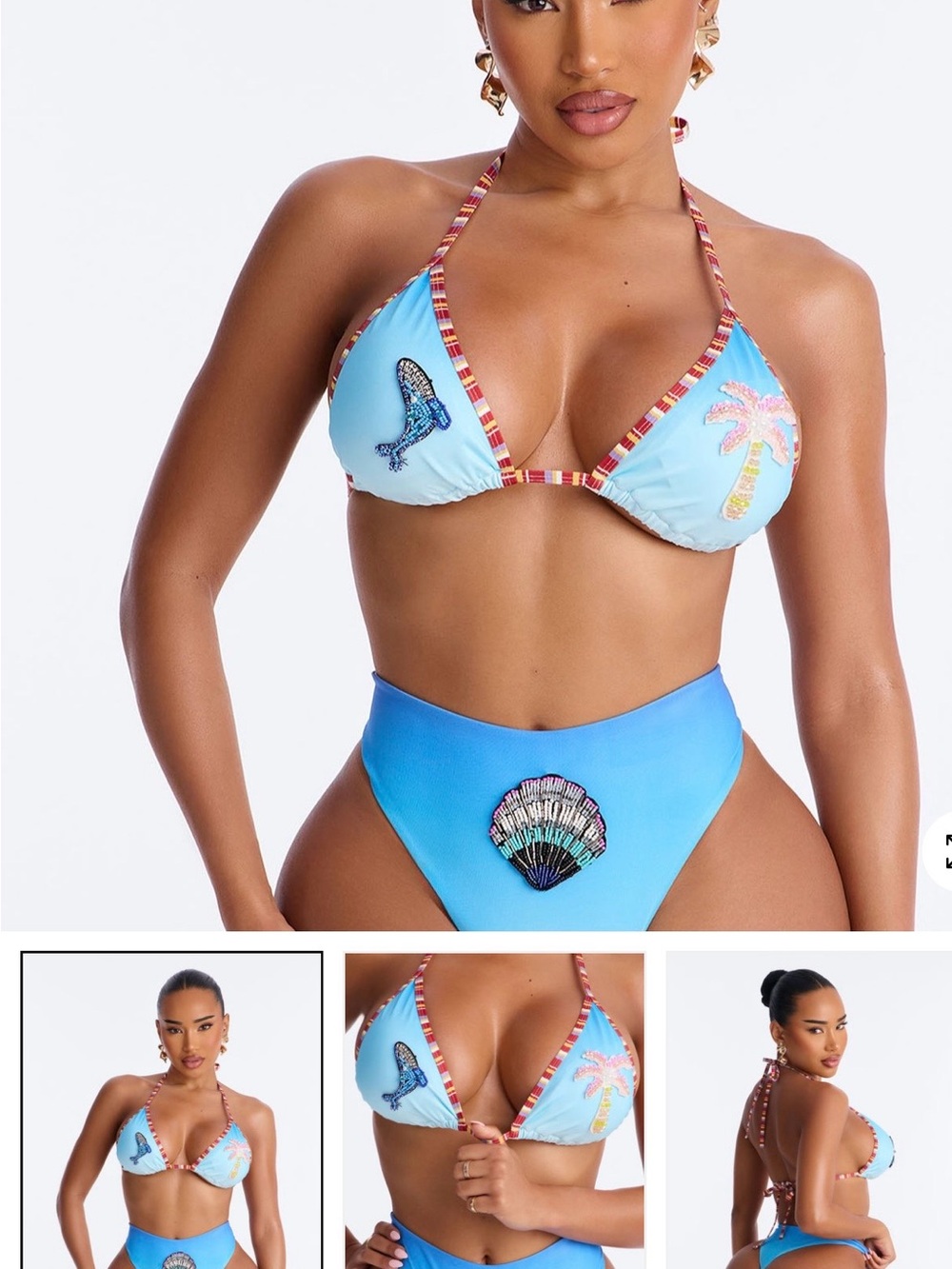 Fashion Nova Light Blue Embroidered Triangle Bikini Set